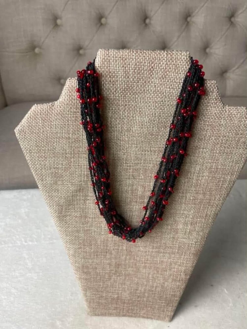 EUC Vintage Black with Red Seed Beads Multi Strand Necklace